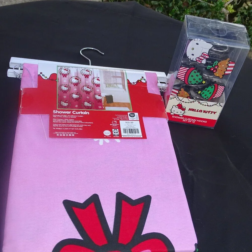 Hello Kitty Pink and Red Christmas shower Curtain With Matching Hooks